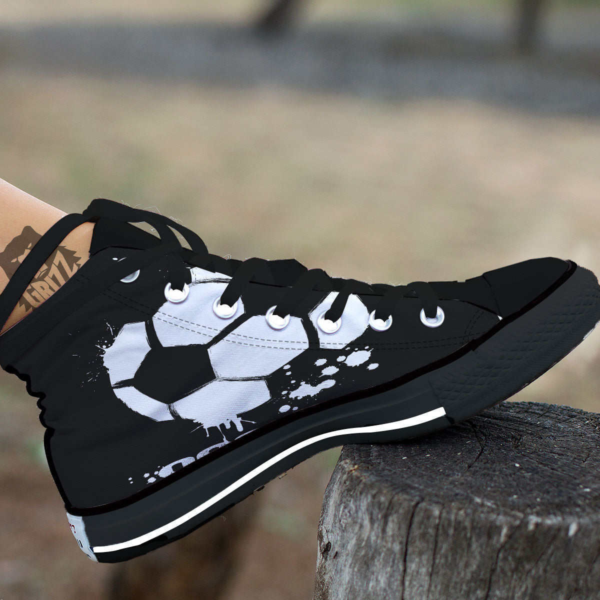 Soccer Ball White And Black Print Black High Top Shoes-grizzshop