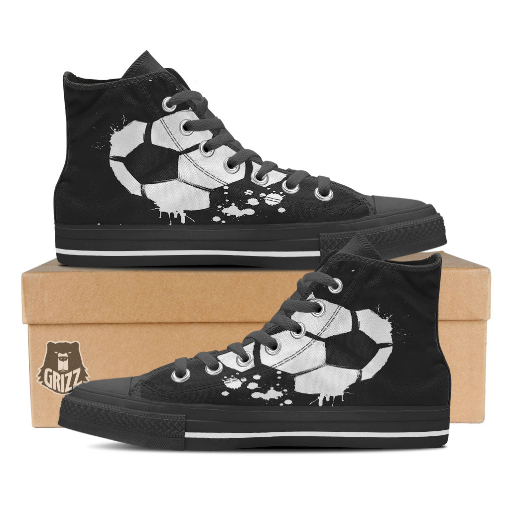 Soccer Ball White And Black Print Black High Top Shoes-grizzshop