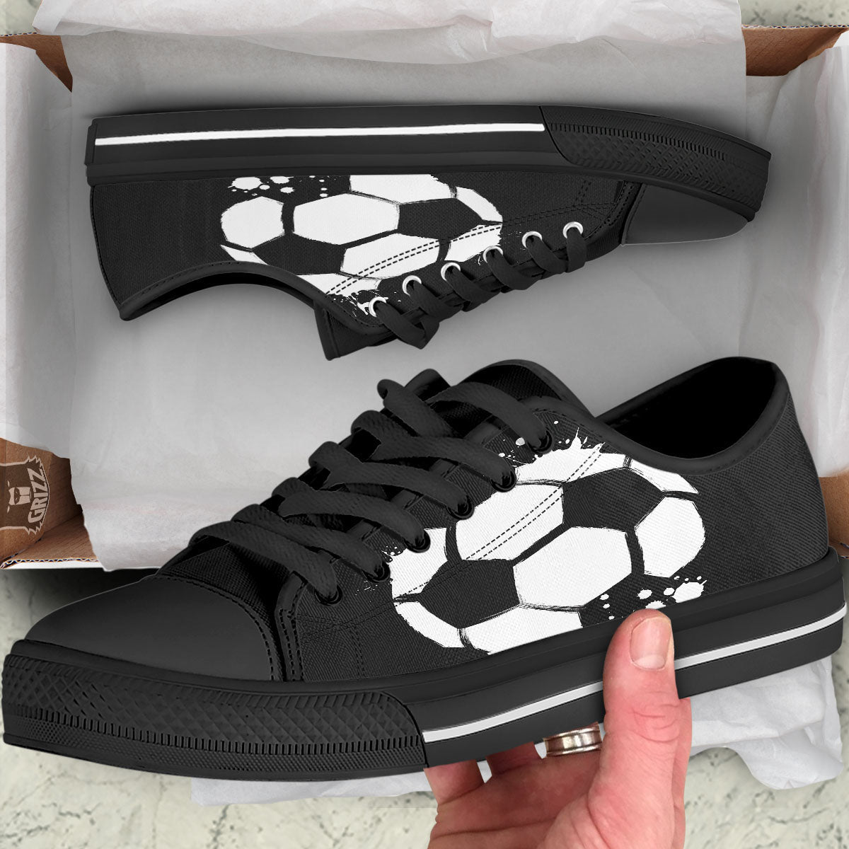 Soccer Ball White And Black Print Black Low Top Shoes-grizzshop