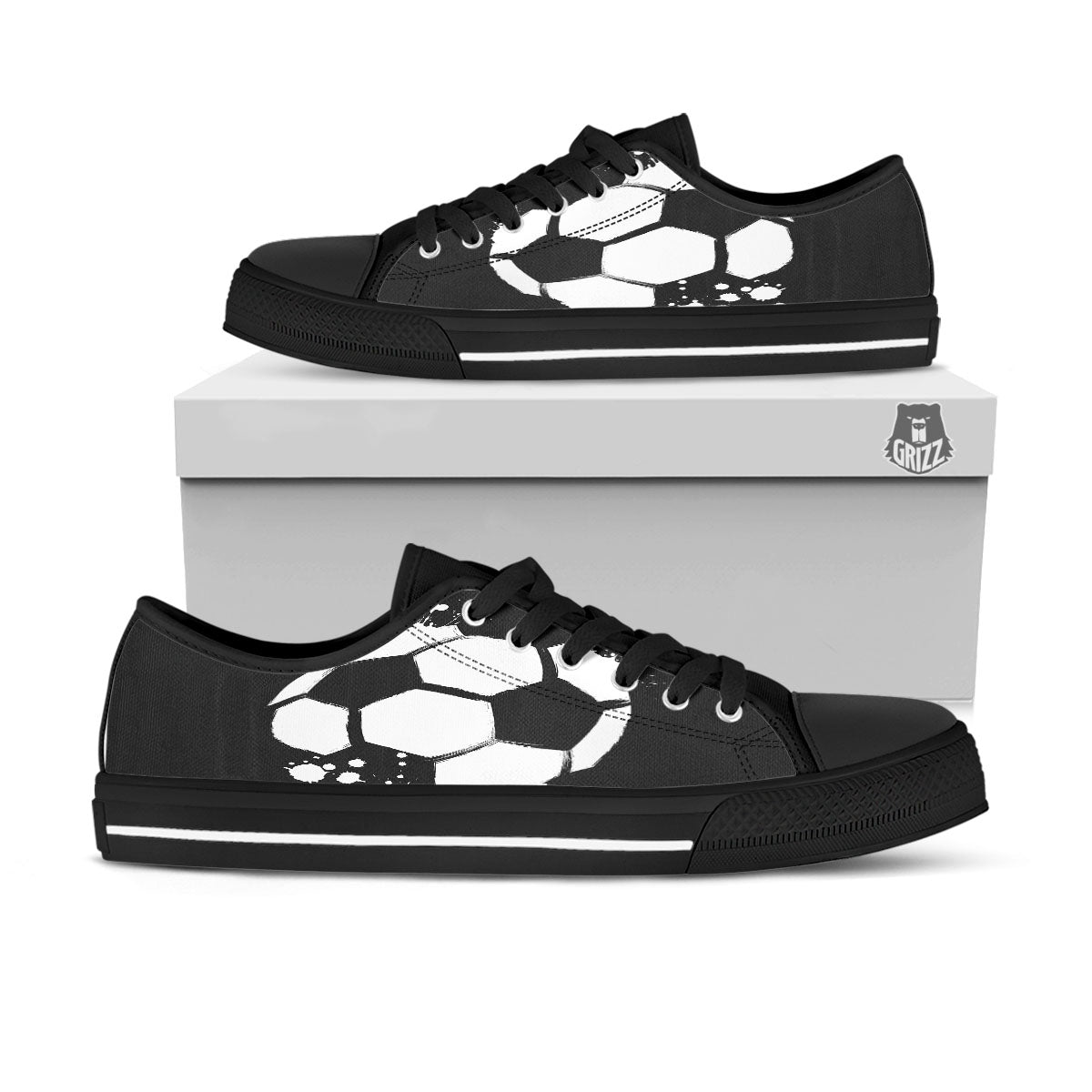 Soccer Ball White And Black Print Black Low Top Shoes-grizzshop