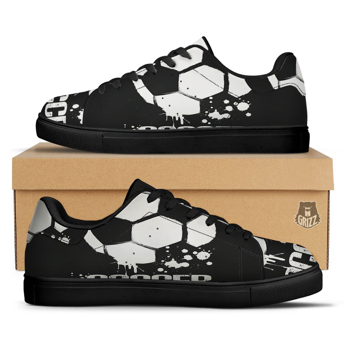 Soccer Ball White And Black Print Black Low Top Sneakers-grizzshop