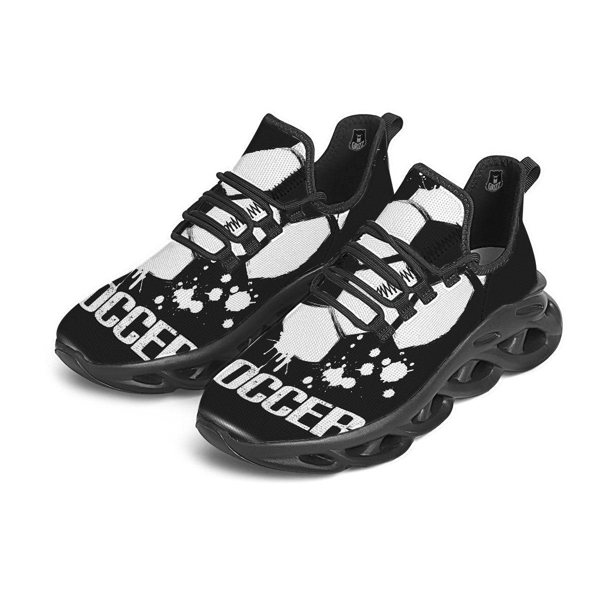 Soccer Ball White And Black Print Black Running Shoes-grizzshop