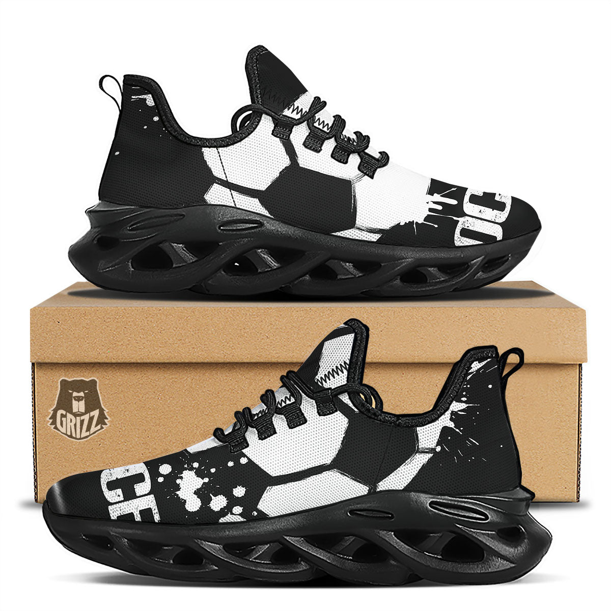 Soccer Ball White And Black Print Black Running Shoes-grizzshop