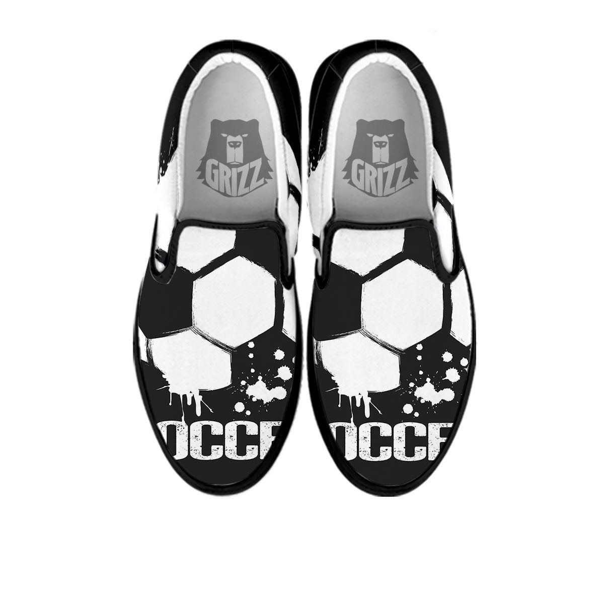 Soccer Ball White And Black Print Black Slip On Shoes-grizzshop