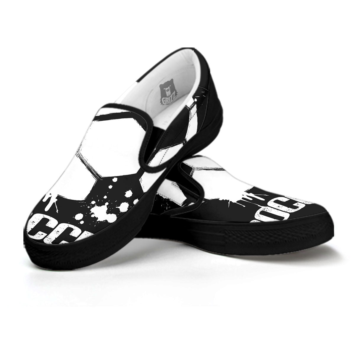 Soccer Ball White And Black Print Black Slip On Shoes-grizzshop