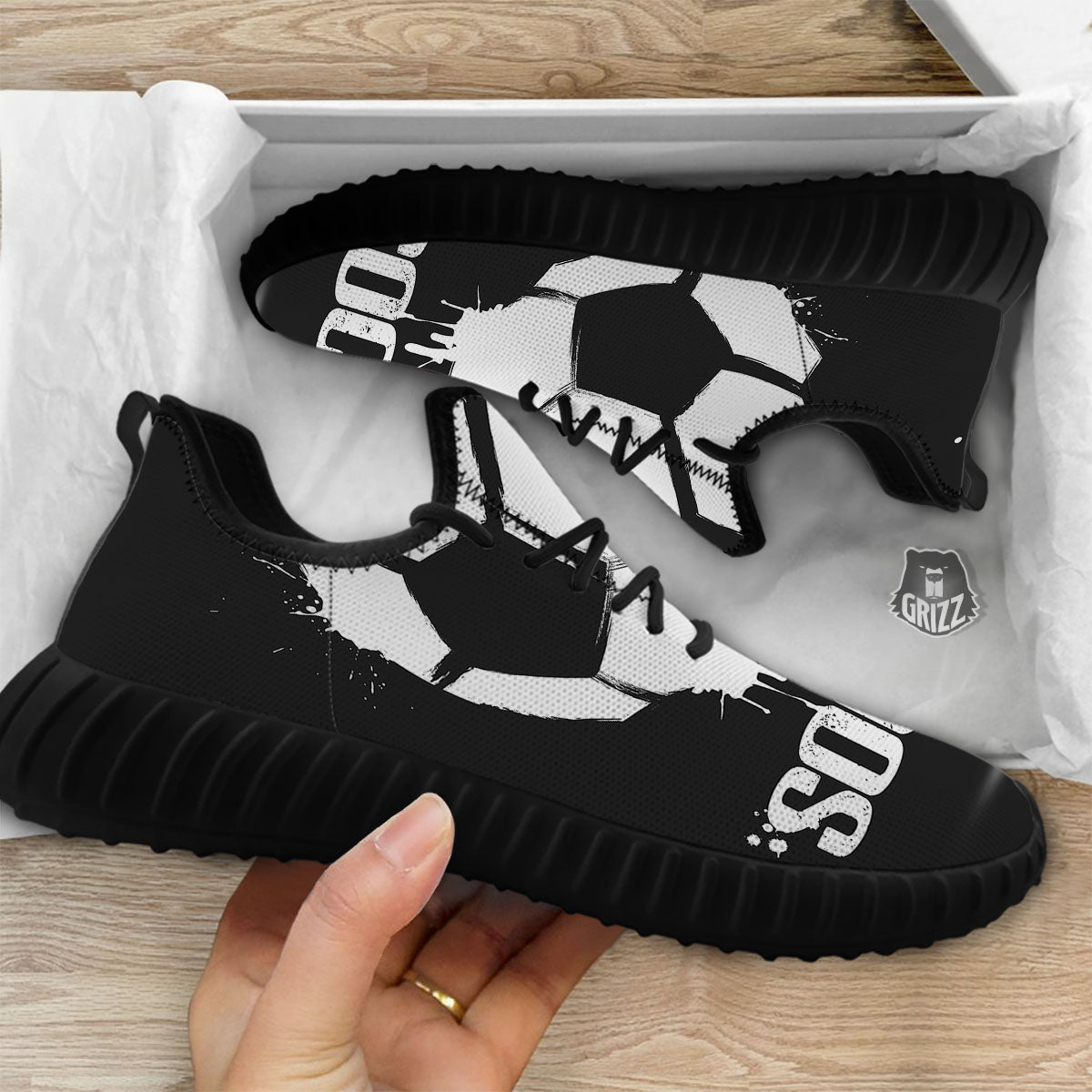 Soccer Ball White And Black Print Black Walking Shoes-grizzshop
