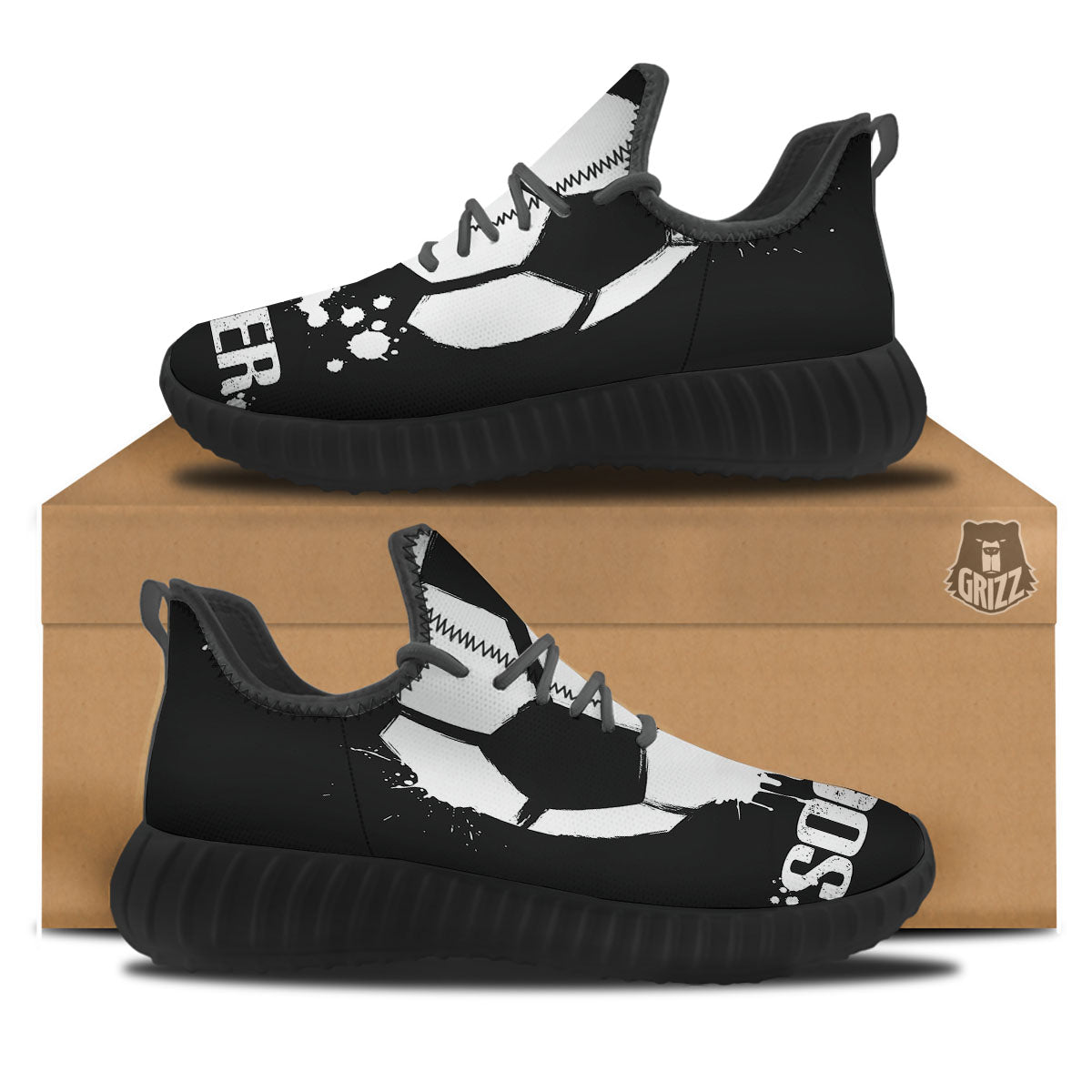 Soccer Ball White And Black Print Black Walking Shoes-grizzshop