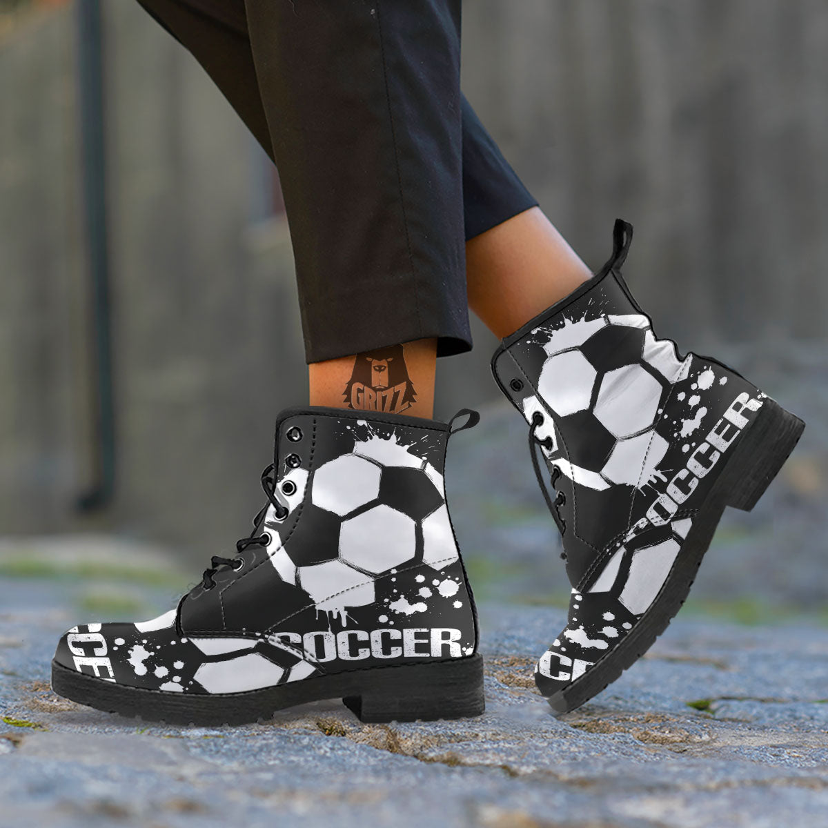 Soccer Ball White And Black Print Leather Boots-grizzshop