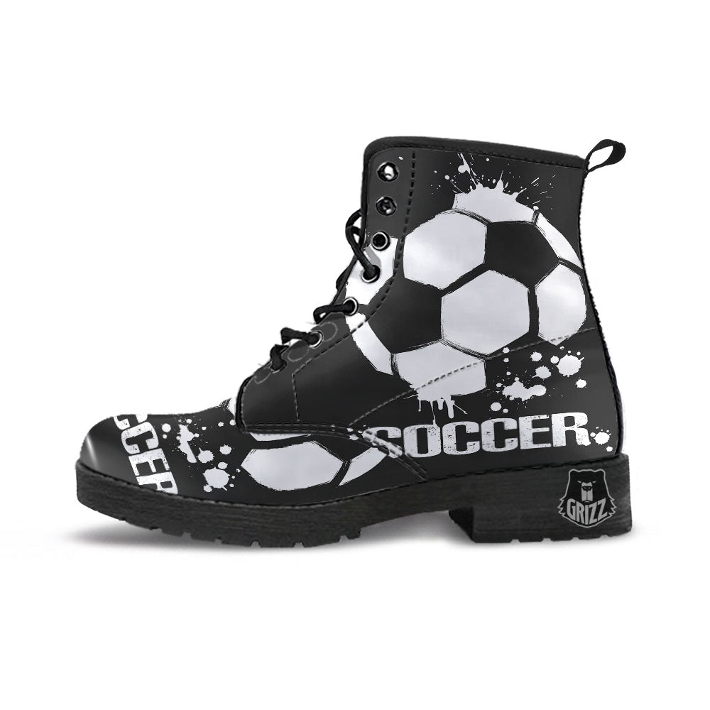 Soccer Ball White And Black Print Leather Boots-grizzshop