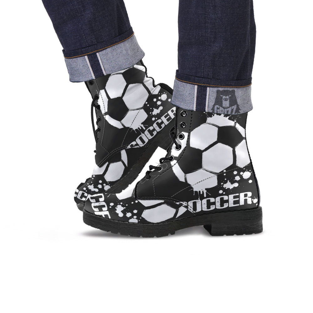 Soccer Ball White And Black Print Leather Boots-grizzshop