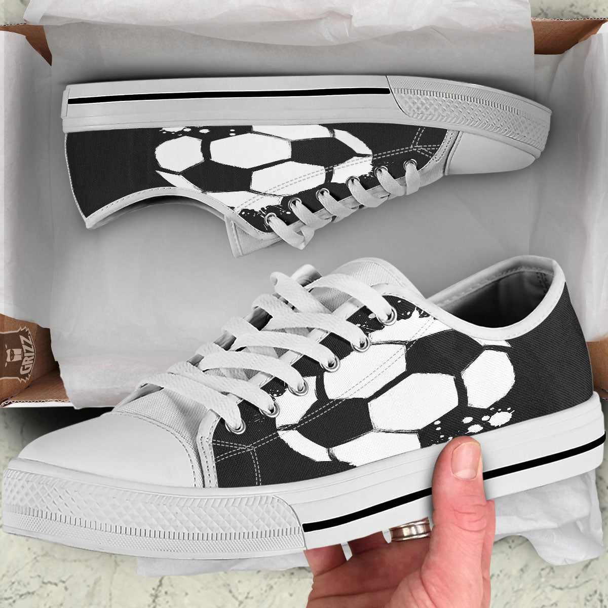 Soccer Ball White And Black Print White Low Top Shoes-grizzshop