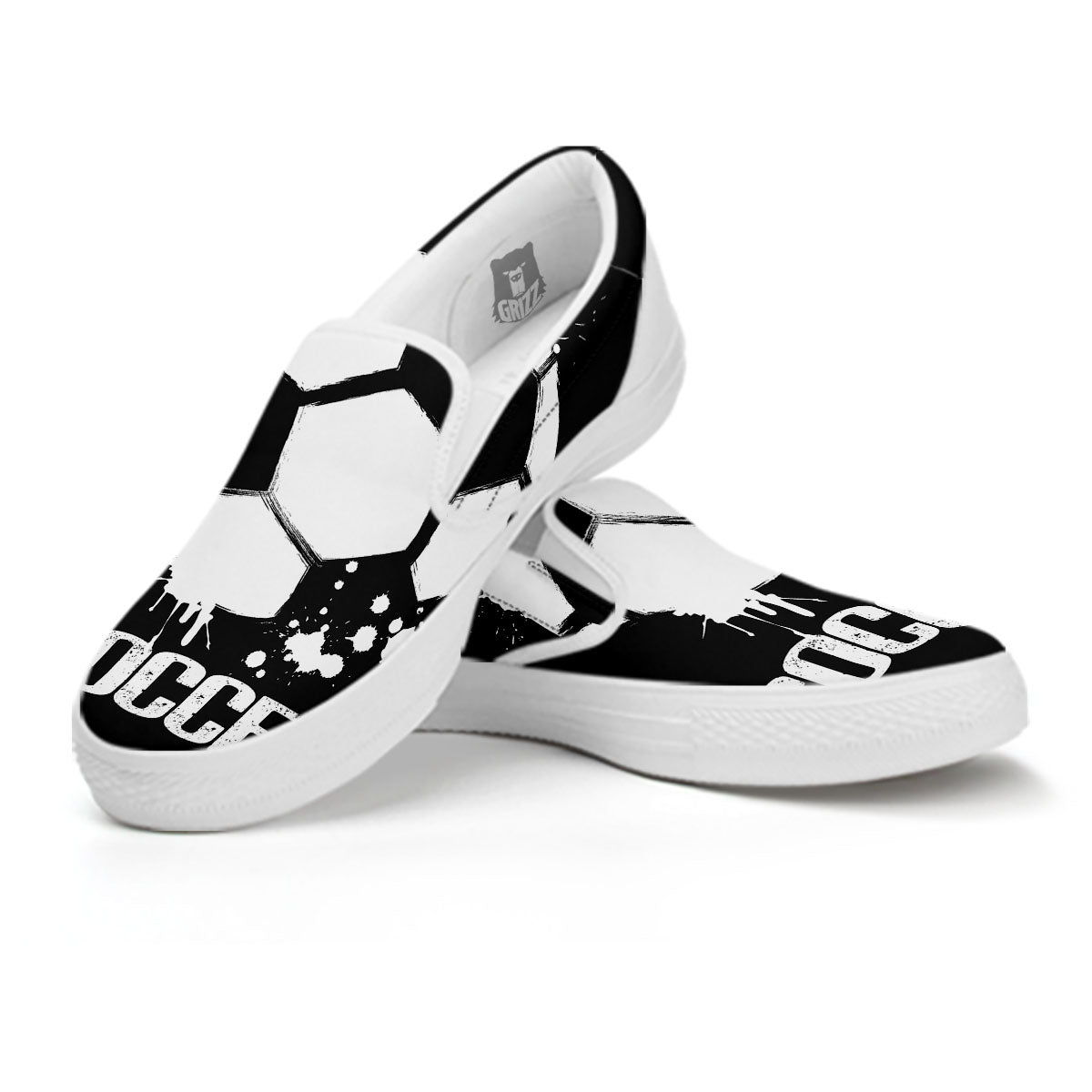 Soccer Ball White And Black Print White Slip On Shoes-grizzshop