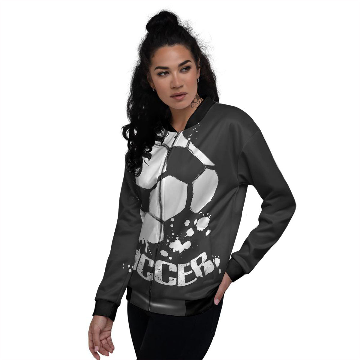 Soccer Ball White And Black Print Women's Bomber Jacket-grizzshop