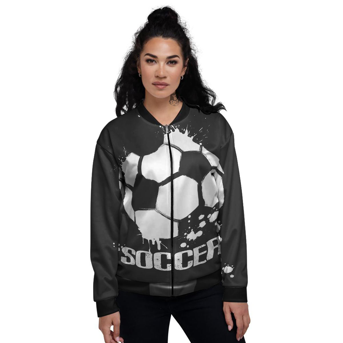 Soccer Ball White And Black Print Women's Bomber Jacket-grizzshop