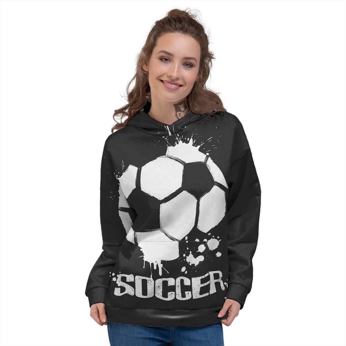 Soccer Ball White And Black Print Women's Hoodie-grizzshop