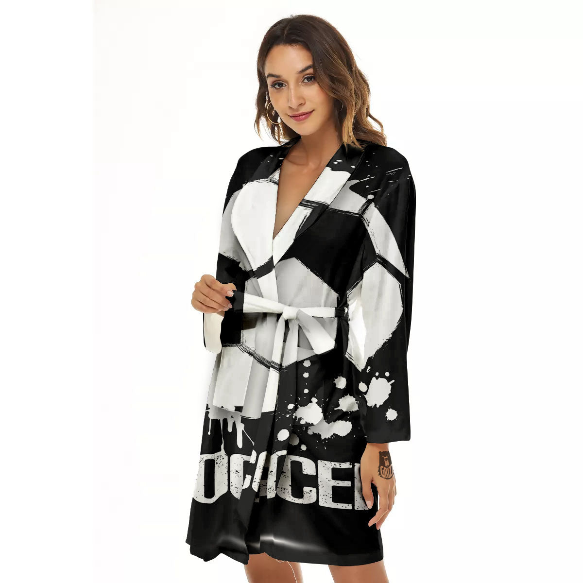 Soccer Ball White And Black Print Women's Robe-grizzshop