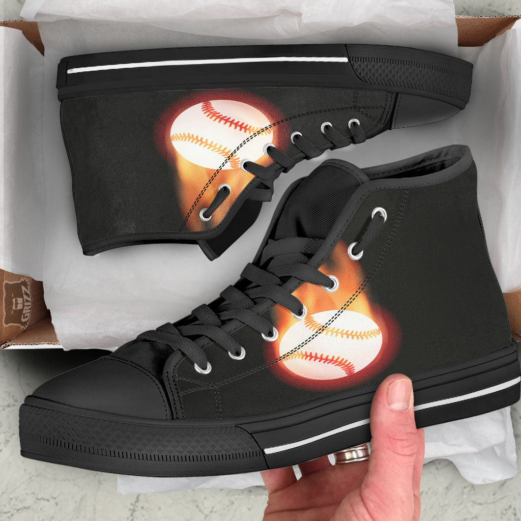 Softball Fireball Print Black High Top Shoes-grizzshop