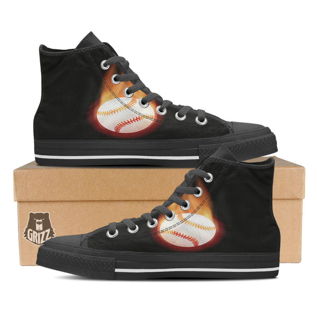 Softball Fireball Print Black High Top Shoes-grizzshop