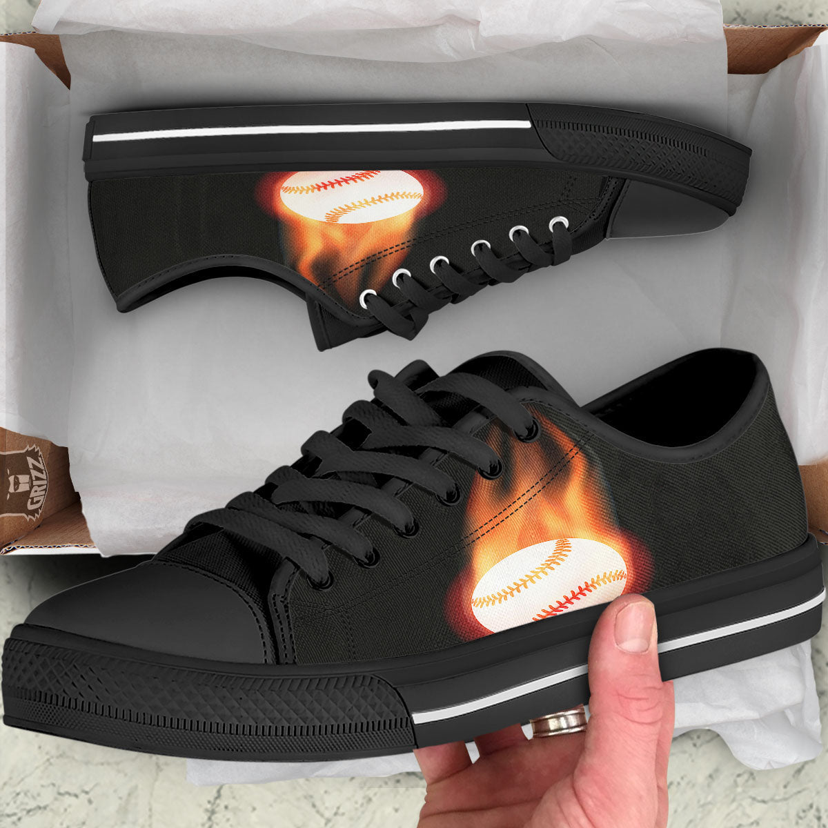 Softball Fireball Print Black Low Top Shoes-grizzshop