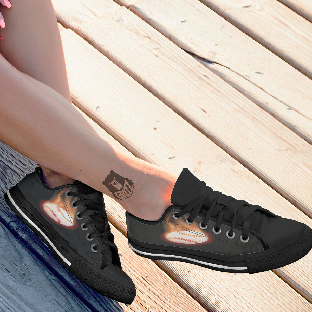 Softball Fireball Print Black Low Top Shoes-grizzshop