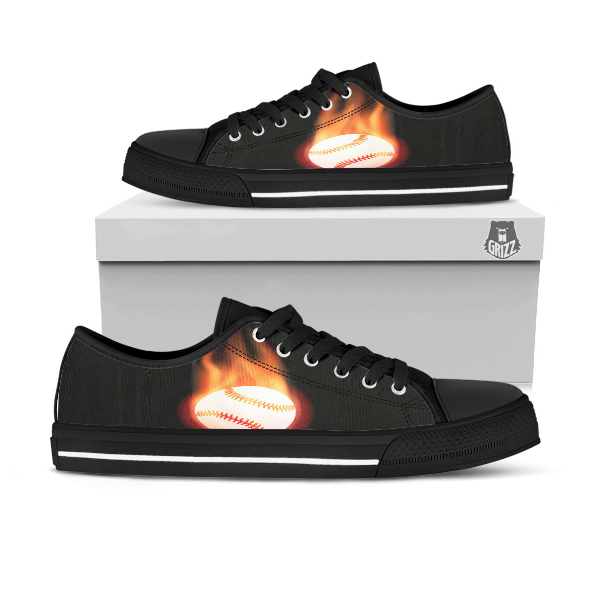 Softball Fireball Print Black Low Top Shoes-grizzshop