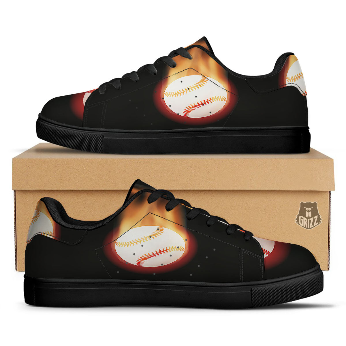 Softball Fireball Print Black Low Top Sneakers-grizzshop