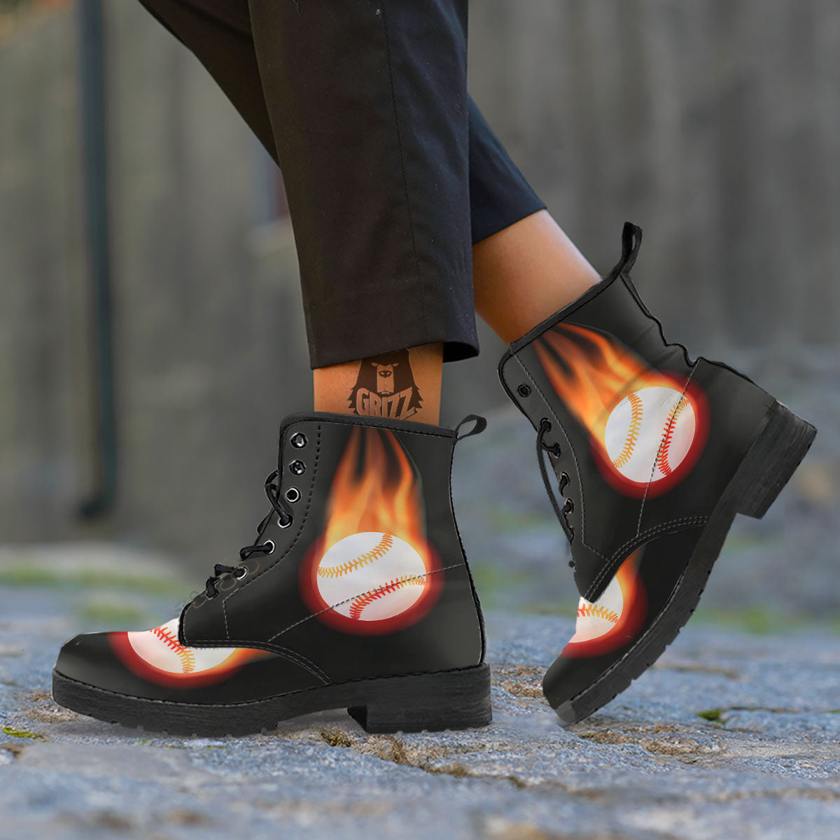 Softball Fireball Print Leather Boots-grizzshop
