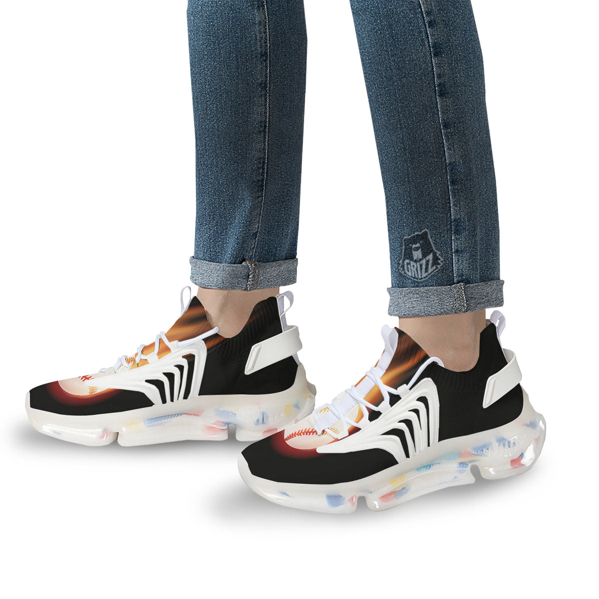 Softball Fireball Print White Gym Shoes-grizzshop