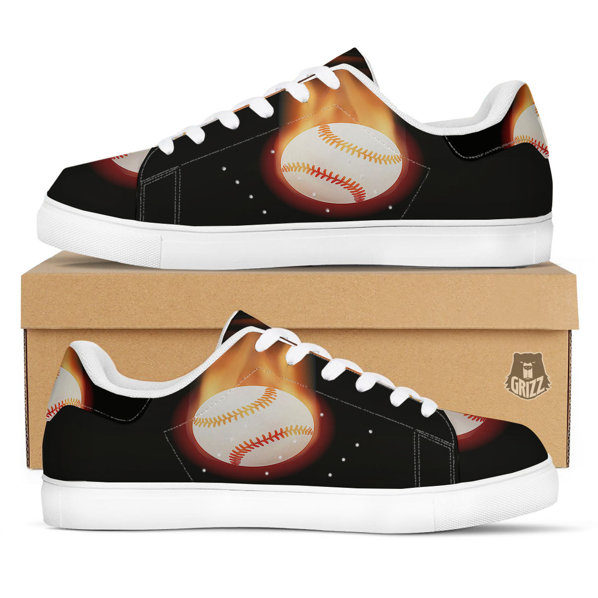 Softball Fireball Print White Low Top Sneakers-grizzshop