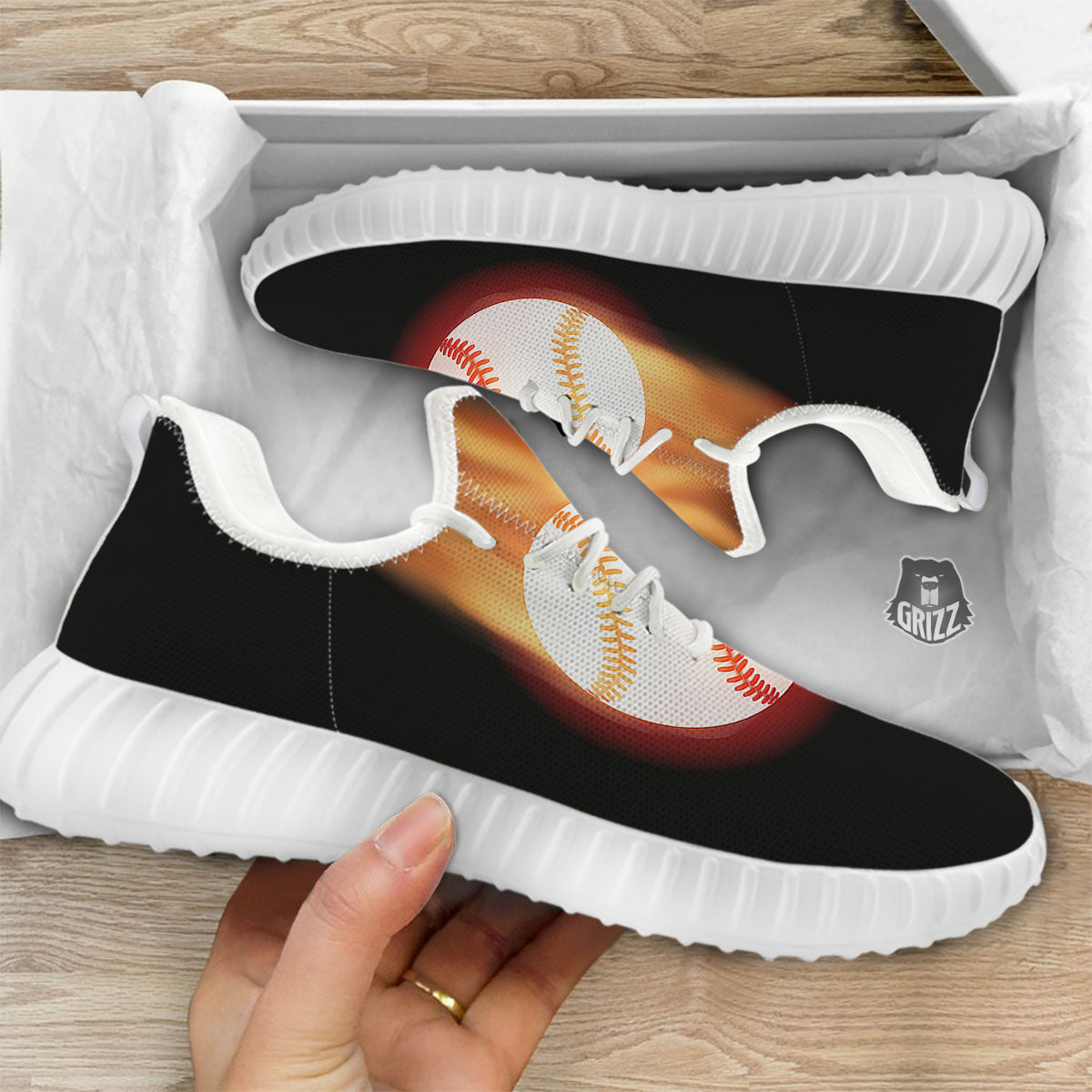 Softball Fireball Print White Walking Shoes-grizzshop