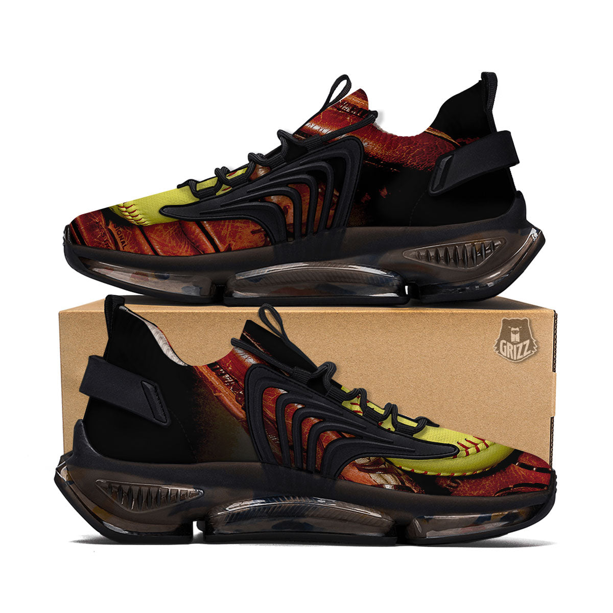 Softball Yellow Print Black Gym Shoes-grizzshop