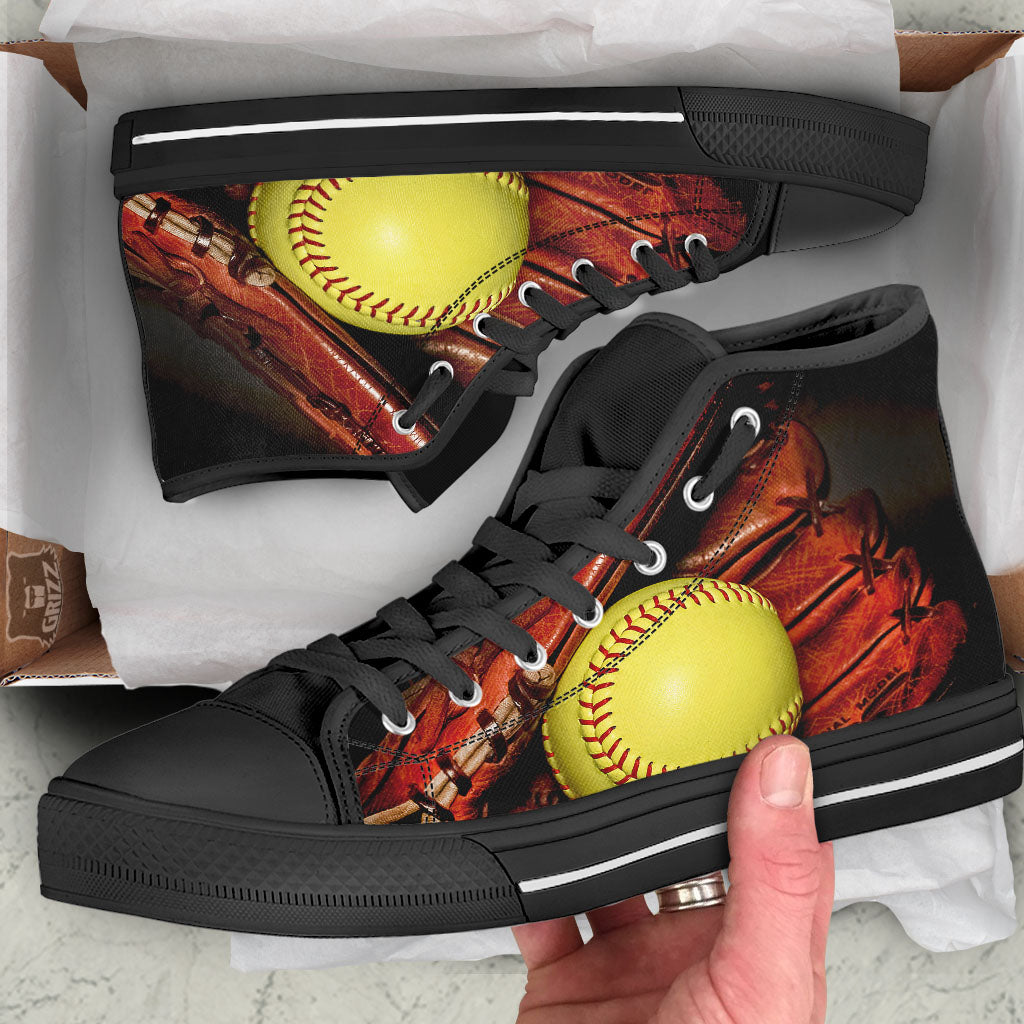 Softball Yellow Print Black High Top Shoes-grizzshop