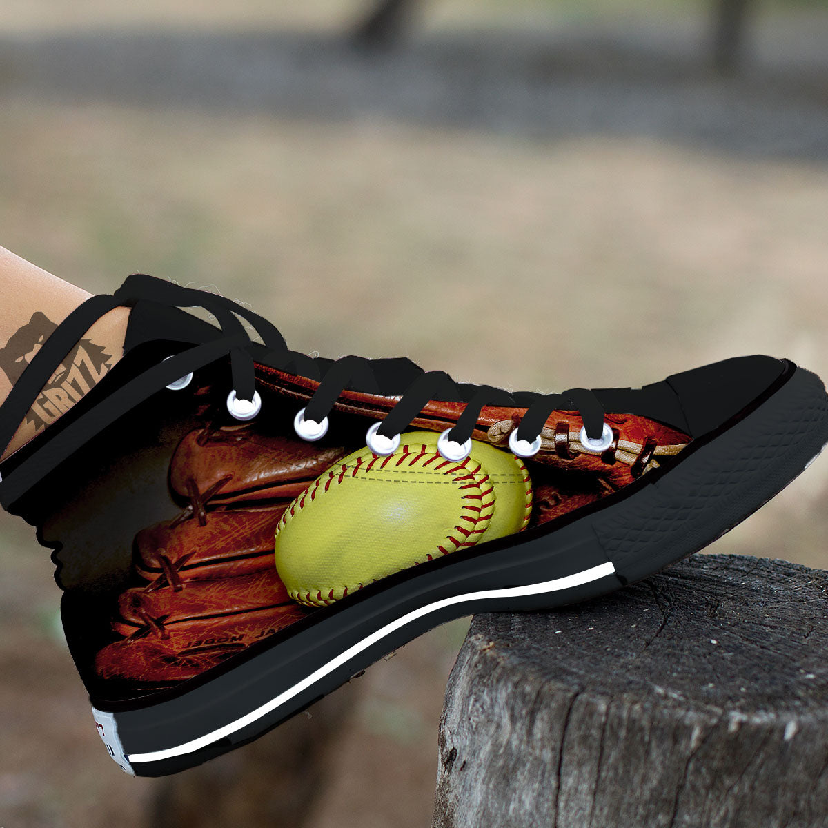 Softball Yellow Print Black High Top Shoes-grizzshop