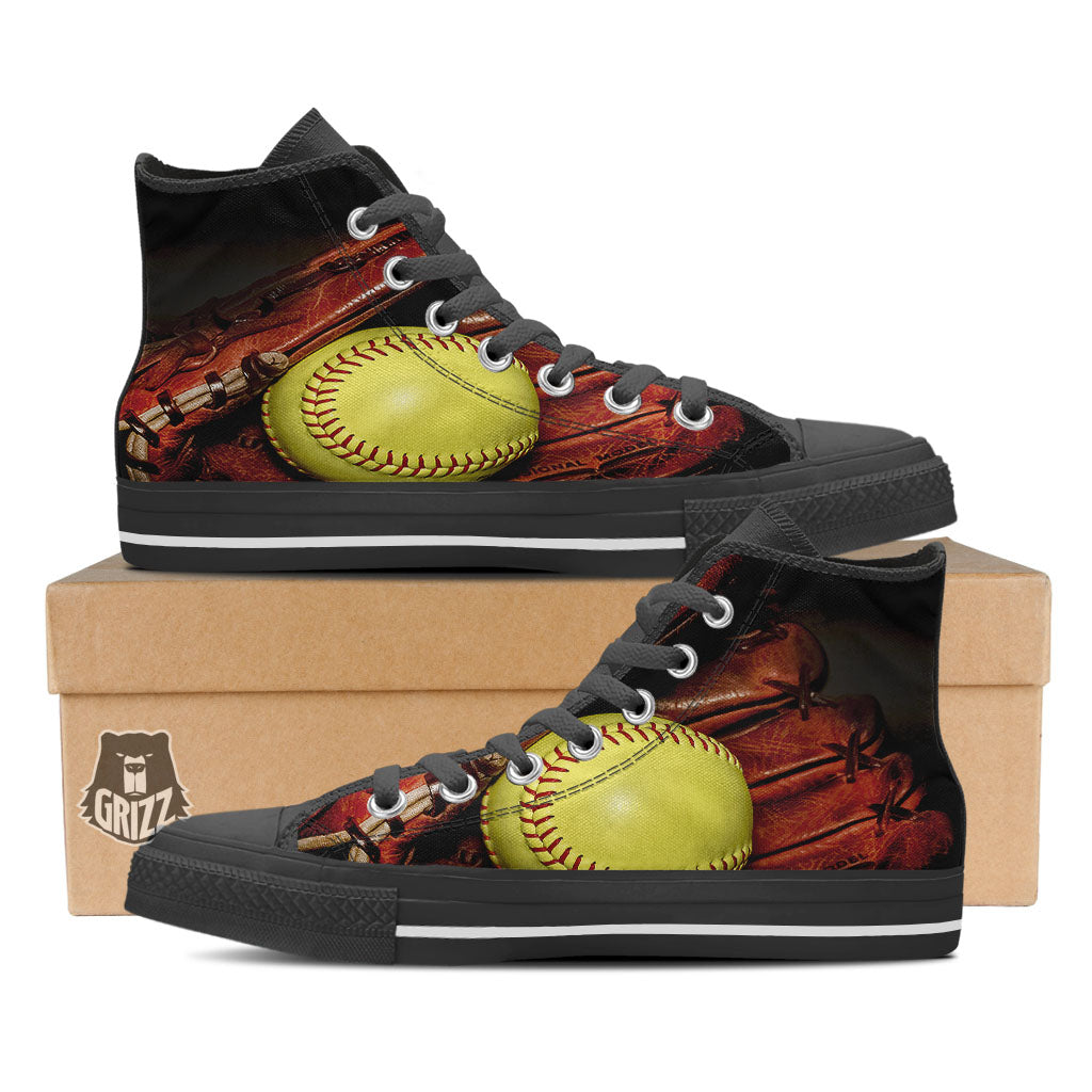 Softball Yellow Print Black High Top Shoes-grizzshop