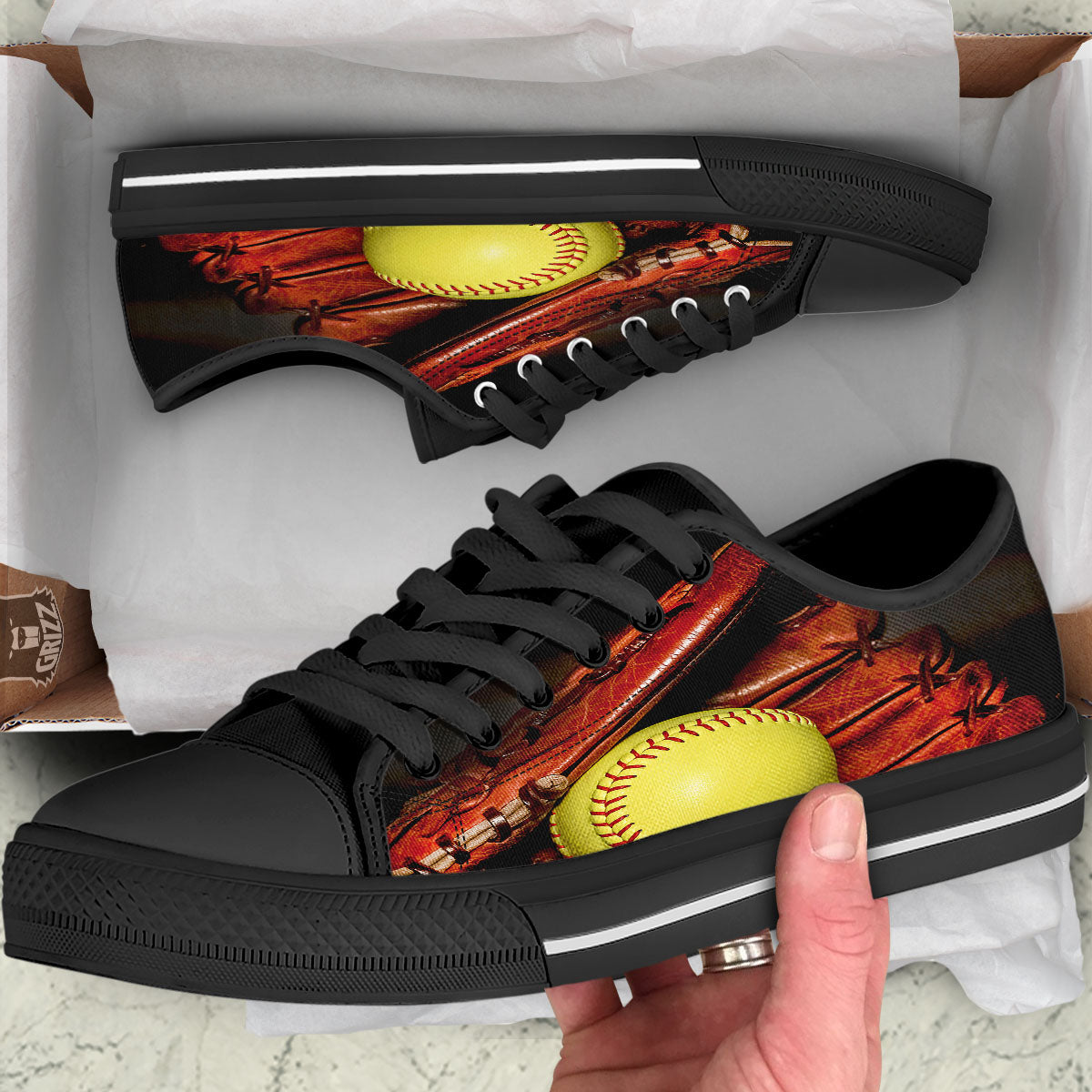 Softball Yellow Print Black Low Top Shoes-grizzshop