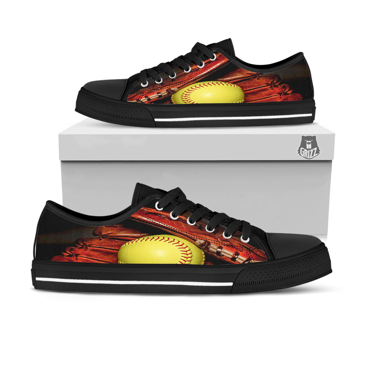 Softball Yellow Print Black Low Top Shoes-grizzshop