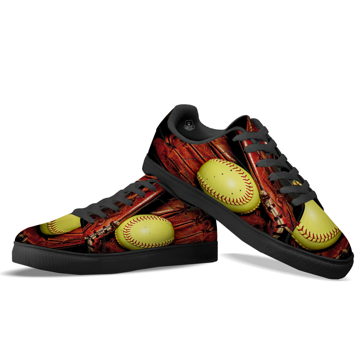 Softball Yellow Print Black Low Top Sneakers-grizzshop