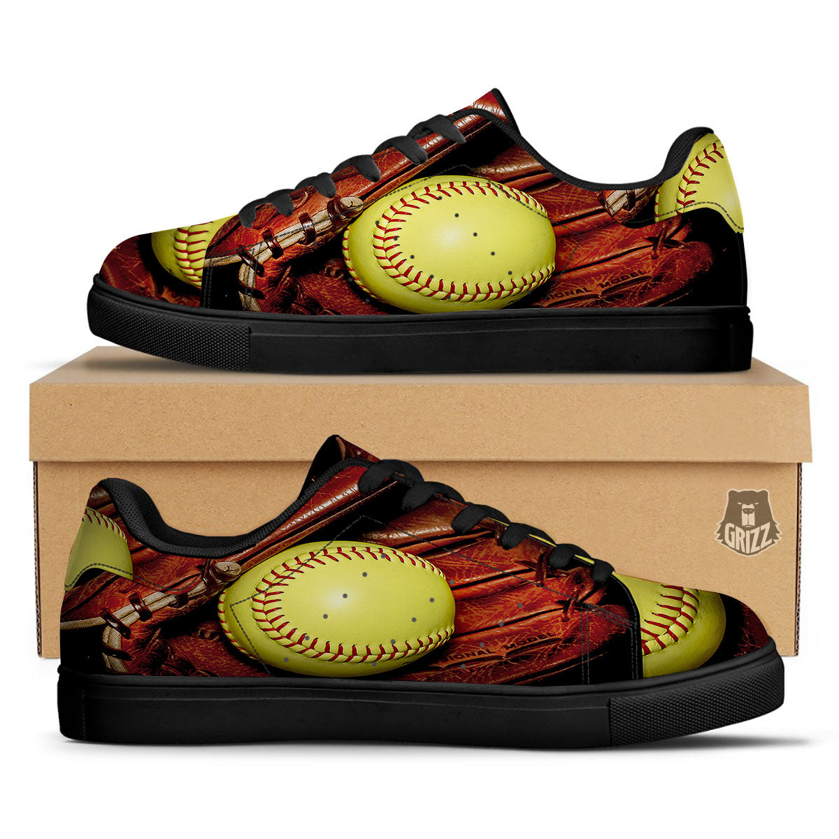 Softball Yellow Print Black Low Top Sneakers-grizzshop