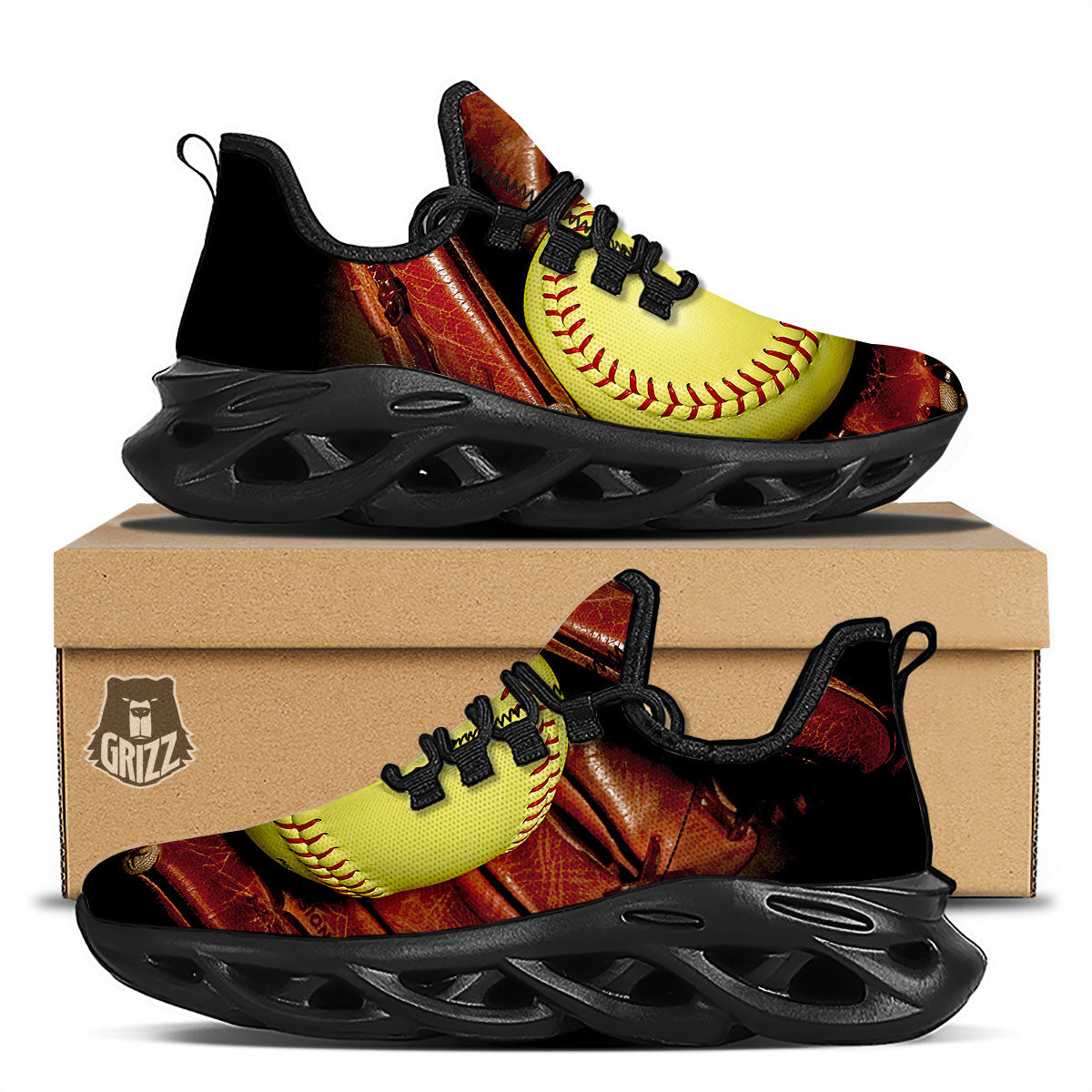 Softball Yellow Print Black Running Shoes-grizzshop