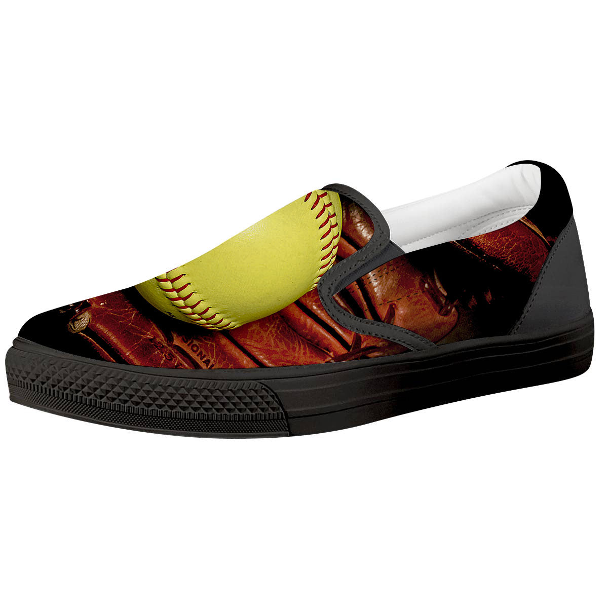 Softball Yellow Print Black Slip On Shoes-grizzshop