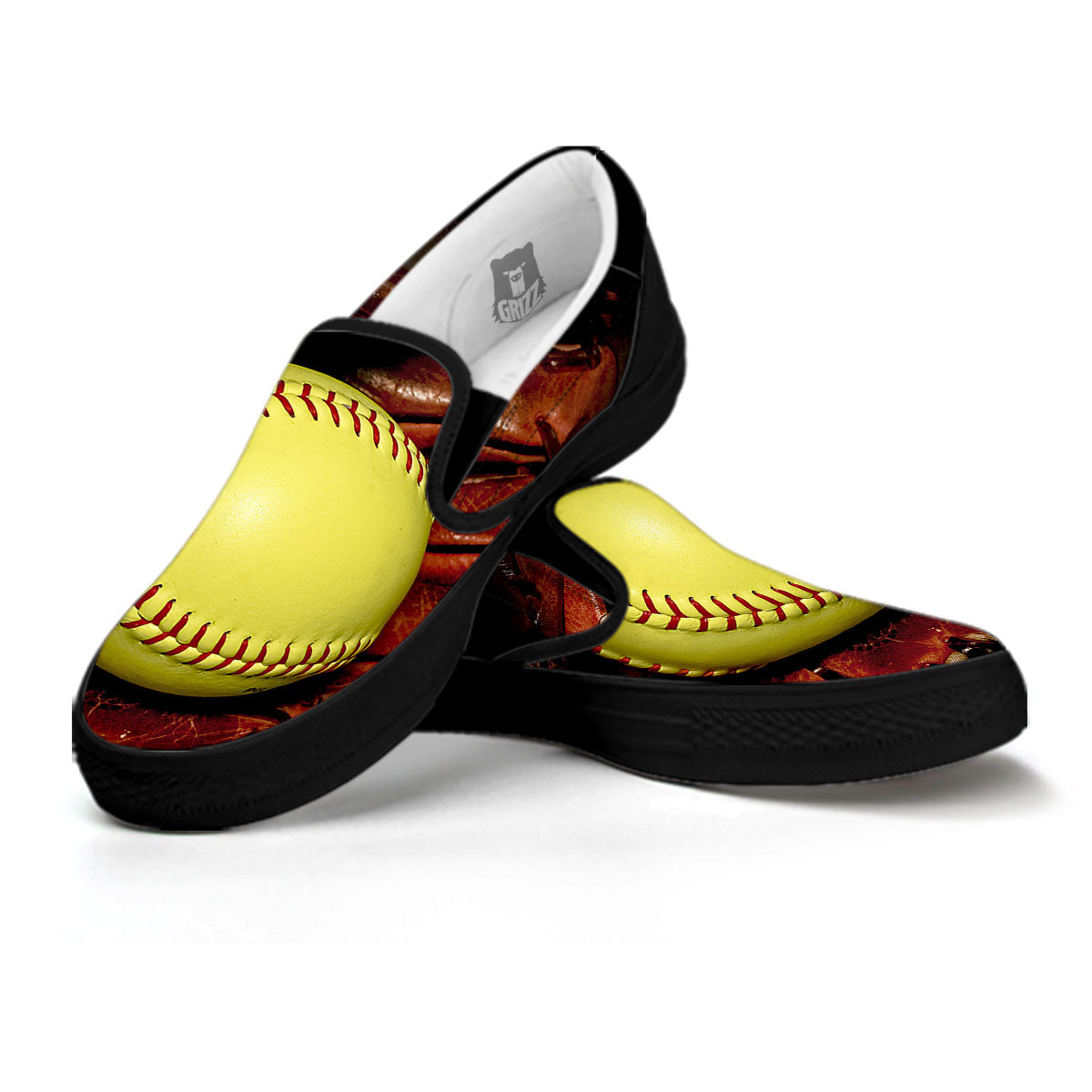 Softball Yellow Print Black Slip On Shoes-grizzshop