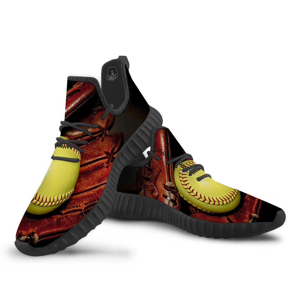 Softball Yellow Print Black Walking Shoes-grizzshop