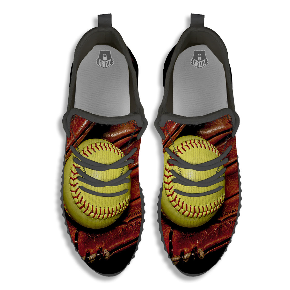 Softball Yellow Print Black Walking Shoes-grizzshop
