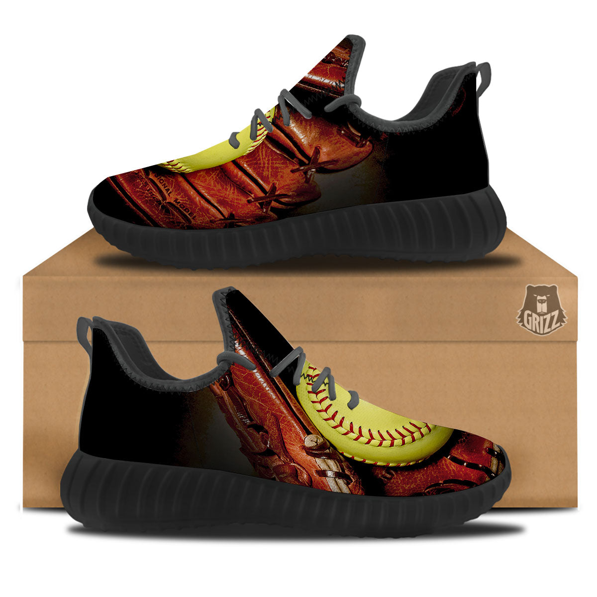 Softball Yellow Print Black Walking Shoes-grizzshop