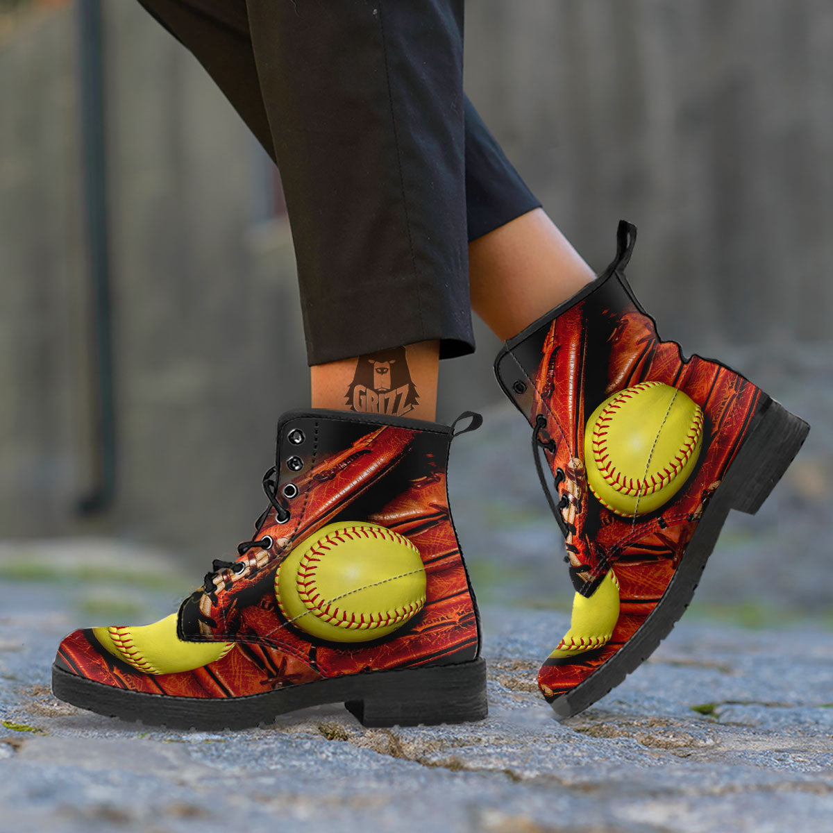 Softball Yellow Print Leather Boots-grizzshop