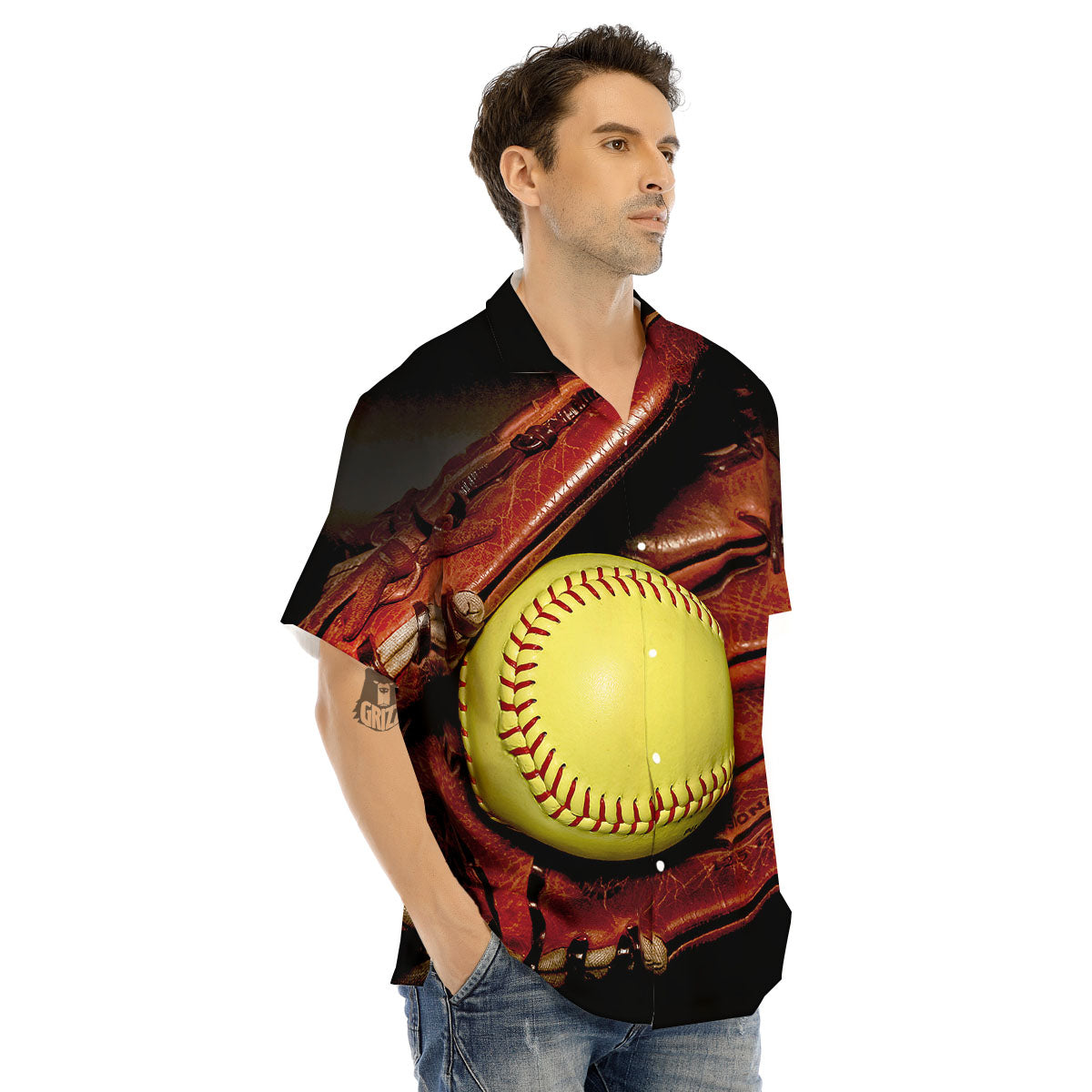Softball Yellow Print Men's Hawaiian Shirt-grizzshop