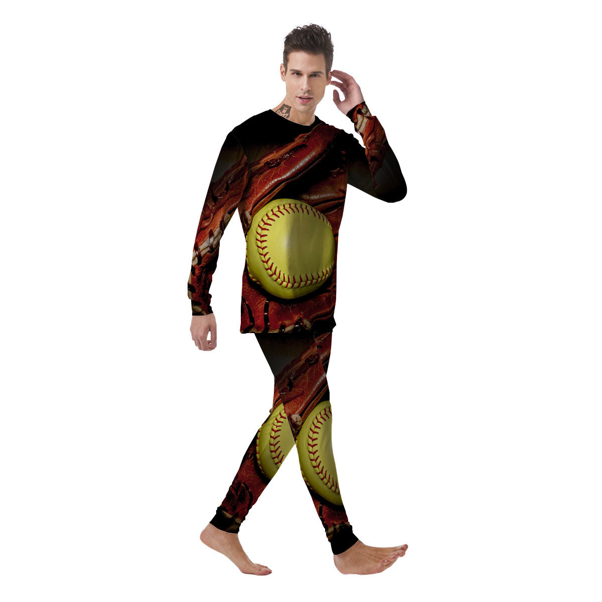Softball Yellow Print Men's Pajamas-grizzshop