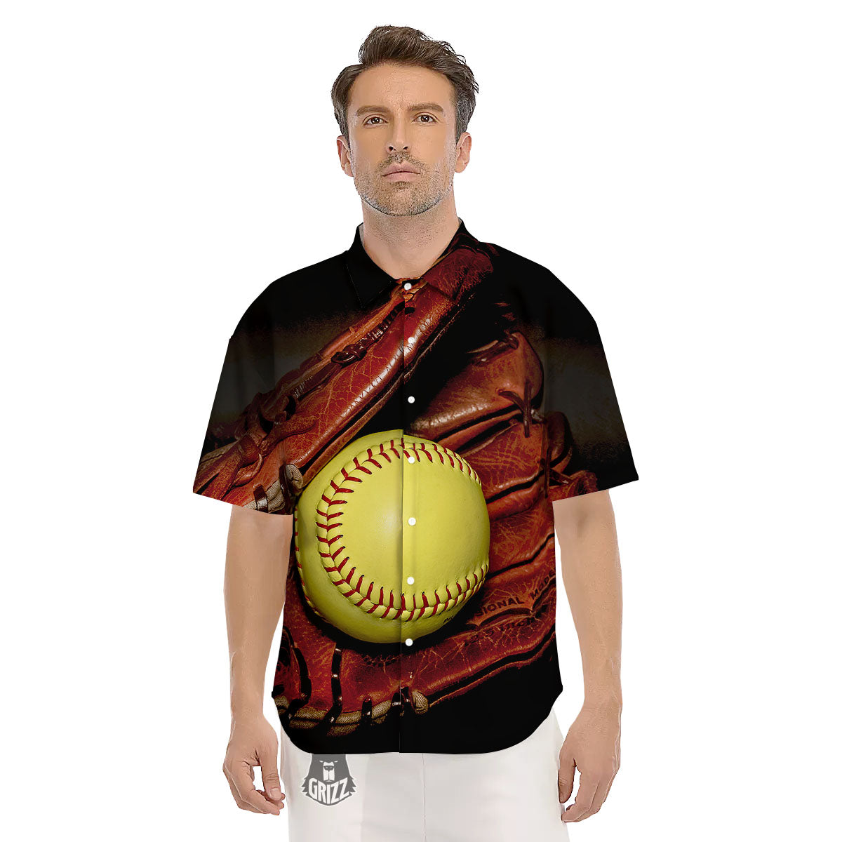 Softball Yellow Print Men's Short Sleeve Shirts-grizzshop