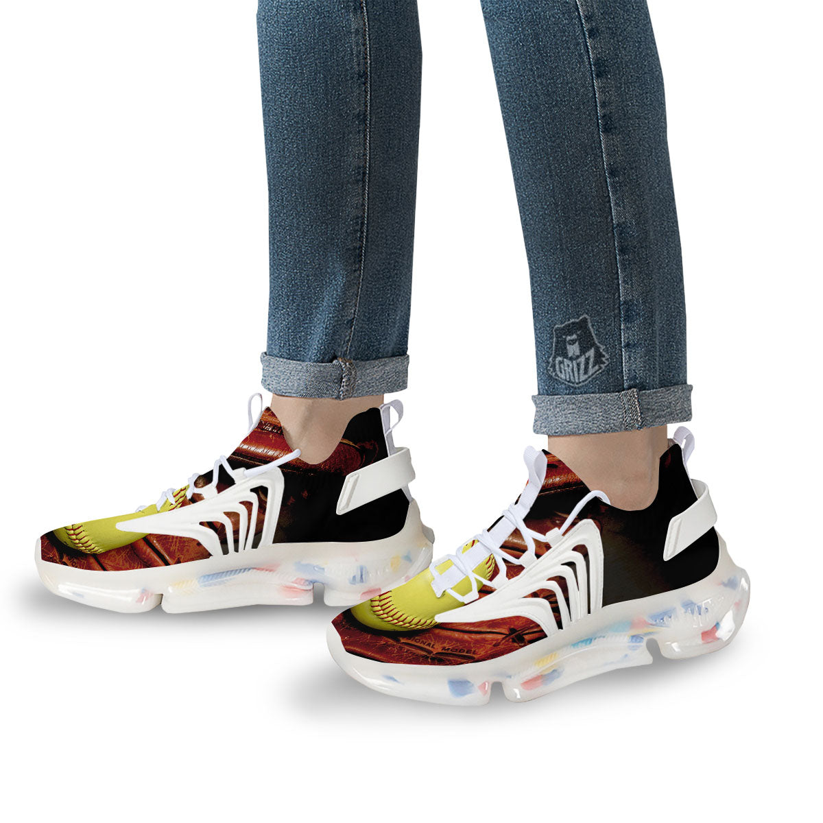 Softball Yellow Print White Gym Shoes-grizzshop