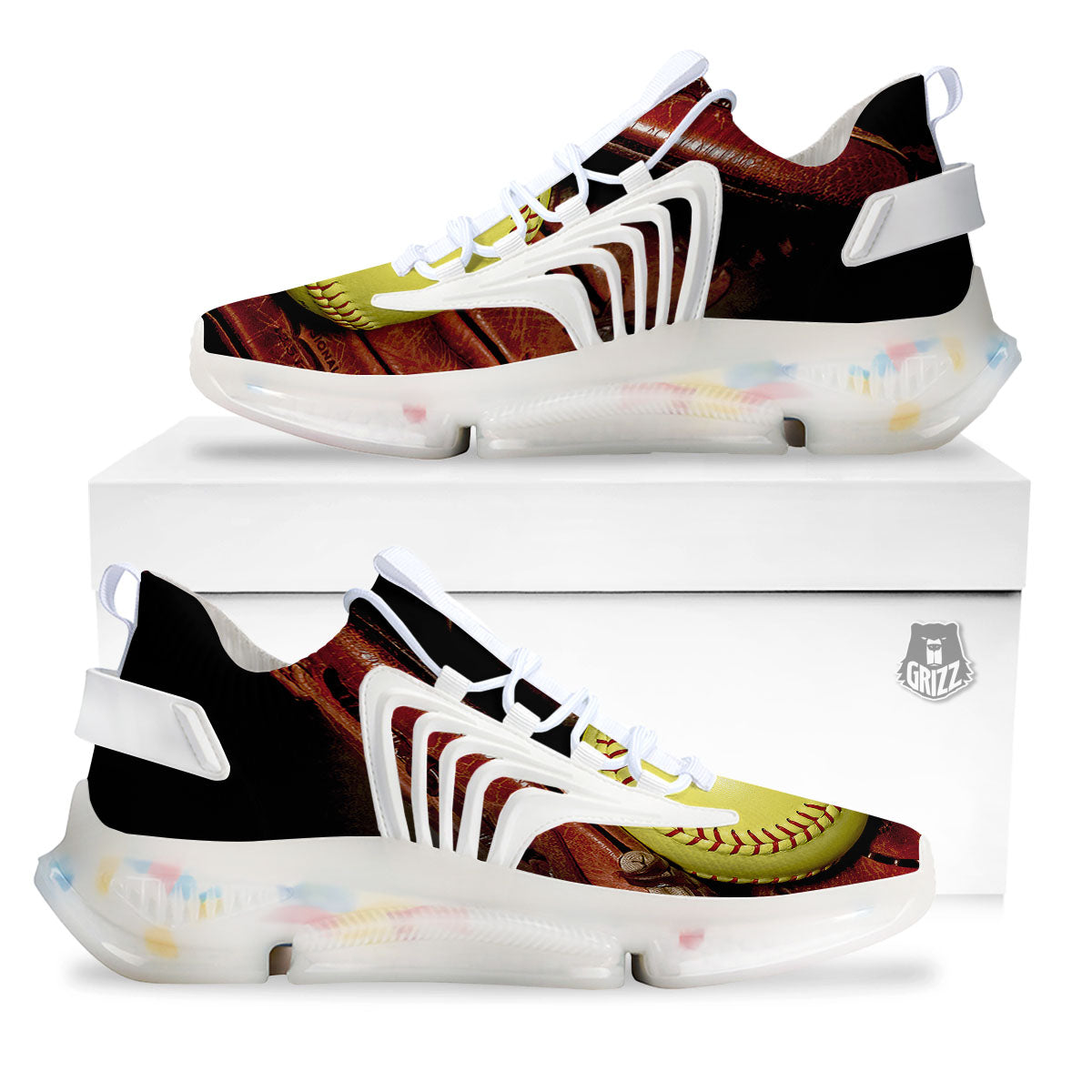 Softball Yellow Print White Gym Shoes-grizzshop